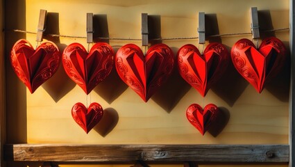 Love-themed Valentine backdrop displaying red paper hearts in a row border pinned with clothespins on distressed wooden planks, suitable for greeting card mockups.