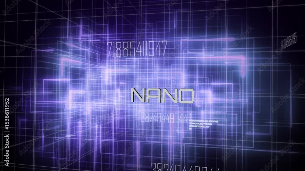 Poster violet beams shaping rotating wireframe cuboid around nano label in dark void, with scrolling data