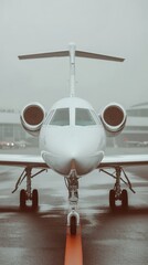 Sleek white private jet on wet runway in foggy weather
