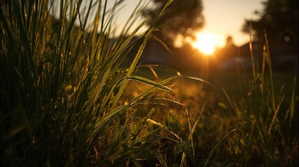 Golden sunset through a field of grass