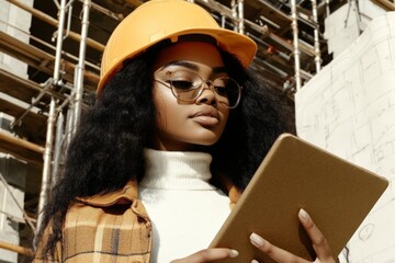 Confident african woman engineer with tablet on construction site background