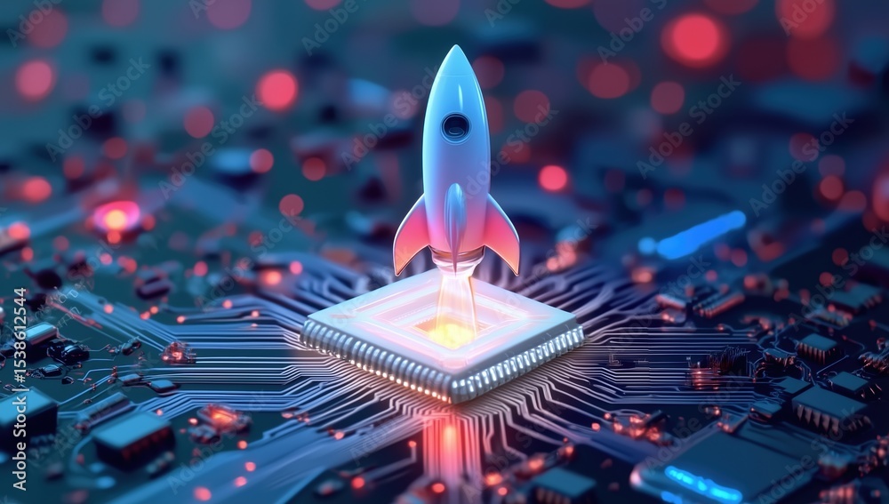 Poster fiery rocket with glowing flames ascends from microchip on electronic circuit board, symbolizing tec