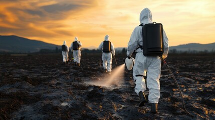 Chemical Spill System Concept, Hazmat Team Conducting Spraying Operations for Decontamination in a Natural Setting During Sunset
