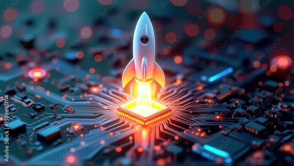 Poster fiery rocket with glowing flames ascends from microchip on electronic circuit board, symbolizing tec