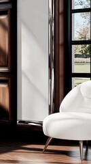 Modern interior with white chair and large window overlooking garden