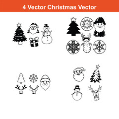 Christmas Ornaments Icons Set,Set of Christmas and New Year silhouette icons. Outline of party black elements of Christmas festive decoration. Christmas tree, Santa, deer, gingerbread, candle, snowbal