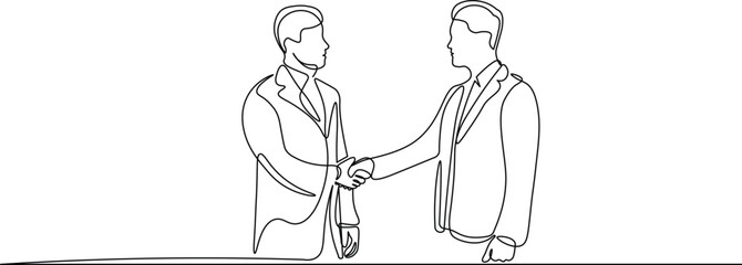 Man shaking hands with colleague in continuous line drawing style. Minimalist black linear sketch of businessman isolated on white background. Vector illustration