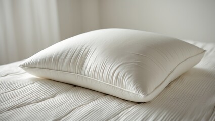 Close-up of a white orthopedic pillow and mattress pattern with ample copy space for text. Hypoallergenic foam mattress designed for correct spinal alignment and pressure point relief. Background.