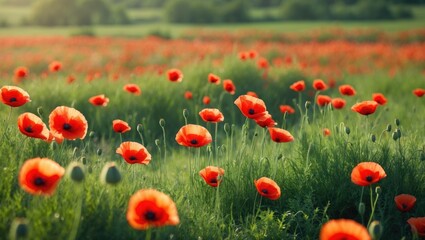 Fototapeta premium Colorful Red Poppy Landscape in Full Bloom