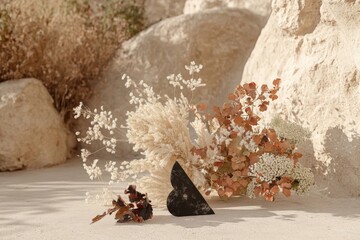 Elegant dried floral arrangement with heart sculpture in sunlit desert setting