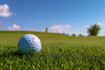 Fototapeta premium Low‑Angle Close‑Up of Golf Ball on Green with Sky and Negative Space