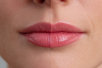 photorealist split lips portrait: left ultra-thin dehydrated, right plump post-hyaluronic acid, same natural pale lip shade, no makeup, ultra-high detail, beauty studio lighting, minimal background, s