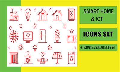 Smart Home & IoT Icons: A comprehensive set of red line art icons symbolizing the smart home and the internet of things (IoT).