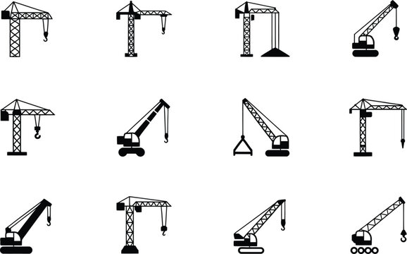 Collection of silhouetted construction cranes in diverse styles and designs for various projects