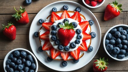 Festive Independence Day Breakfast with American Flag-inspired Toast topped with Strawberries, Blueberries, Whipped Cream, and Soft Cheese, Surrounded by Fresh Berries