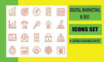 Digital Marketing & SEO Icon Set: A vibrant collection of editable and scalable icons representing digital marketing and search engine optimization.