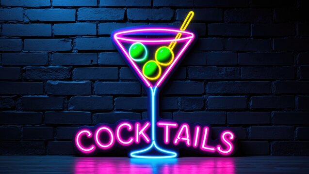 Glowing Purple Neon Inscription COCKTAILS along with a stylized blue cocktail glass with a yellow straw on a dark brick wall background. Dark-toned vintage image.