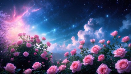 Fabulous fantasy panoramic banner background of a magical night sky with shining stars, mysterious clouds, and delicate pink rose flowers garden. Idyllic and tender heaven scene, with space for copy.