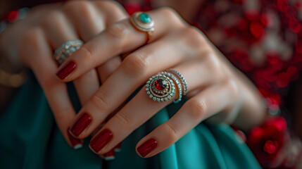 woman's hands with jewelry rings.close-up beauty and fashion portrait. girl make-up and manicure 