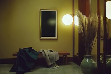 Cozy modern interior with wooden bench, soft blankets, and decorative vase