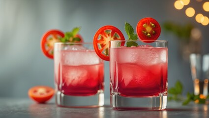 Two revitalizing vegetable-based cocktails featuring a red tomato juice served in a glass with a tomato slice.