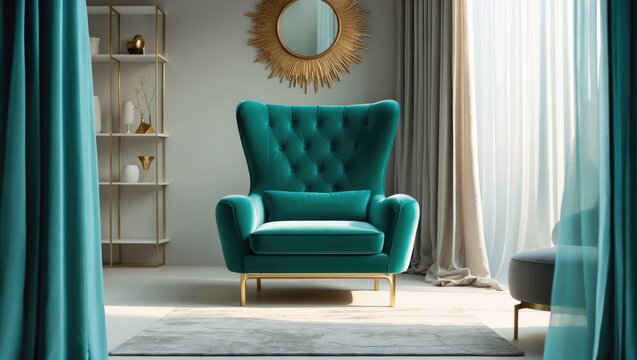 Golden decorations and furniture in a luxurious living room interior featuring an emerald green sofa against a white wall with molding