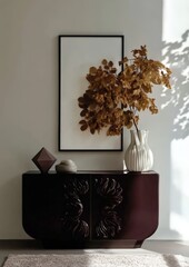 Modern interior design with stylish sideboard, geometric decor, and autumnal foliage in vase