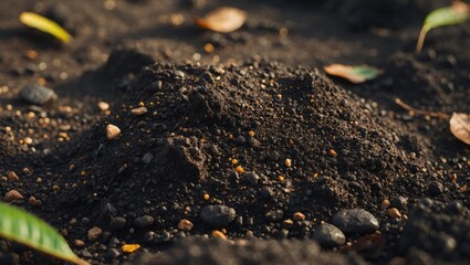 A close-up view of dark soil featuring its texture and small rocks, with a tiny blue dragonfly visible.