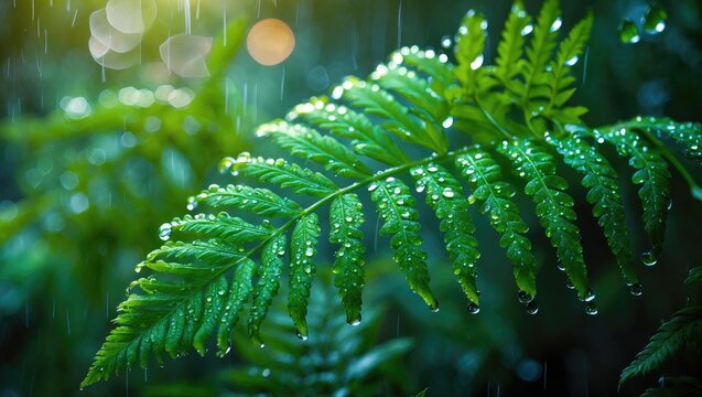 Green Fern Leaves with Rain Droplets captured in a close-up shot.