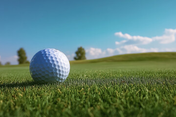 Obraz premium Low‑Angle Close‑Up of Golf Ball on Green with Sky and Negative Space