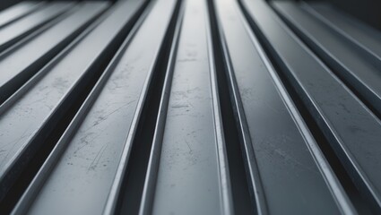 A detailed close-up of a metallic corrugated surface with horizontal ridges. The somewhat weathered metal shows signs of oxidation and faint rust spots, enhancing the texture's character.
