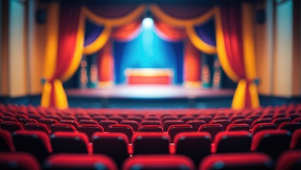 Empty stage at theatre hall prepared for TED talk show, seminar audience, musical, or educational event with morning sunlight, blurred image used as background.