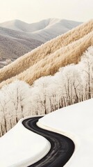 Serpentine road winding through frosted winter landscape in tranquil mountain setting