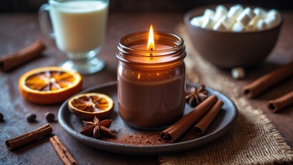 Aromo candle placed against a cup of hot chocolate and spices with marshmallows for drinks on a brown textured table. Hot drink. Hot chocolate with marshmallows and spices.