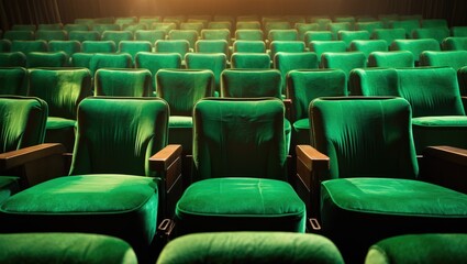 Fototapeta premium Green chairs at the drama theatre for audience seating.