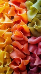 Colorful varieties of pasta arranged in a vibrant display showcasing culinary creativity and artistry in food preparation
