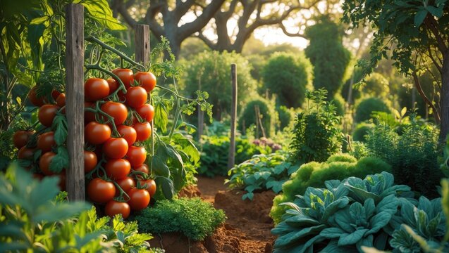 Few growing Tomato plants (Solanum lycopersicum) with ripening fruits, supported by a structure on a farm alongside other solanaceous plants such as Eggplant