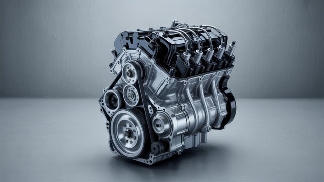 Internal combustion engine block with belt drive system on gray background. Automotive part.