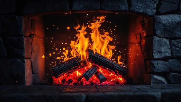 Illuminated flames radiate within the fireplace.