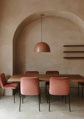 Modern minimalist dining room with wooden table and pink chairs