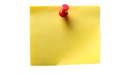 Yellow sticky post it note with red pushpin isolated on white background