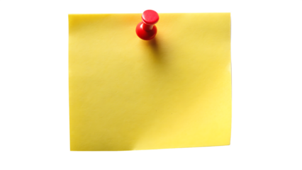 Yellow sticky post it note with red pushpin isolated on white background