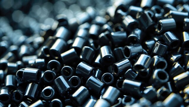 Close-up of black plastic chips, granules of polymeric material for the chemical industry, showcasing the raw material structure in a pile of small plastics. High-quality photo