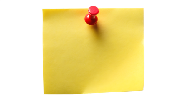 Yellow sticky post it note with red pushpin isolated on white background