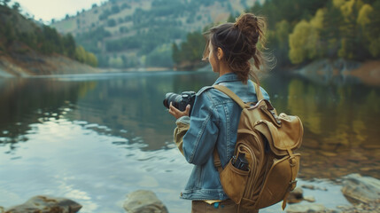 
Young cheerful woman traveler in a denim jacket with a backpack holds a camera in her hands while standing on the shore of the mountain lake 