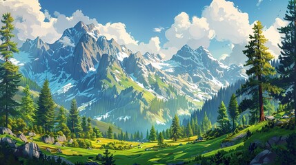 Hand drawn cartoon hills and forest under warm golden natural lighting