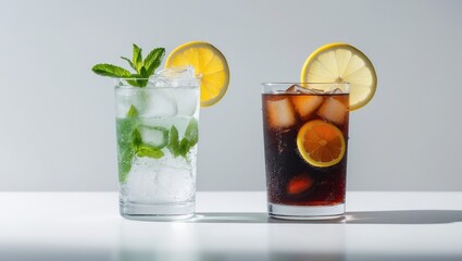 Ginger ale and cola served in glasses topped with lemon garnish