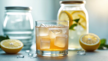 Ginger ale served in a glass with ice placed on a wooden surface.