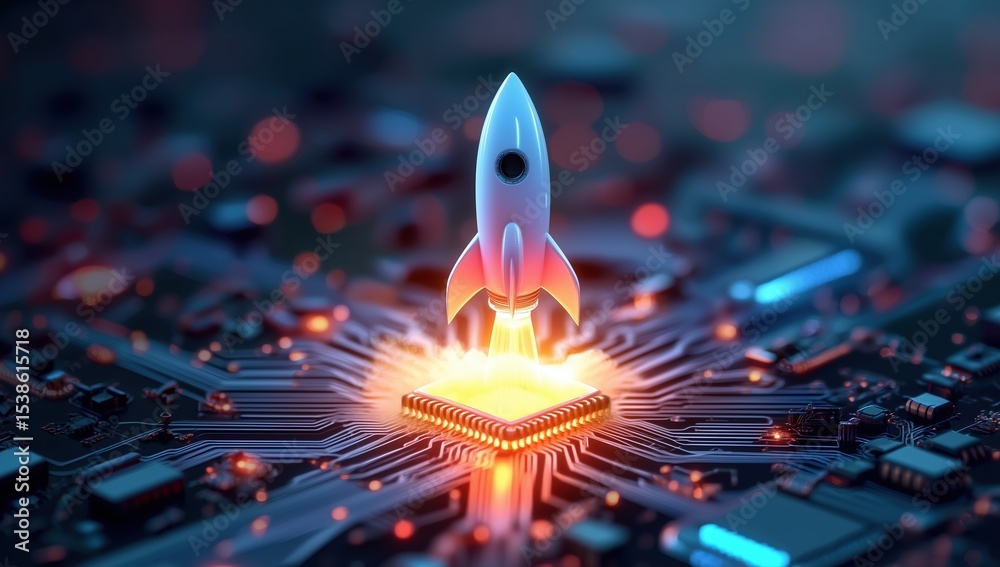 Aufkleber Fiery rocket with glowing flames ascends from microchip on electronic circuit board, symbolizing technological breakthrough and digital innovation in business technology, 3D rendered abstract concept.
