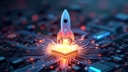 Fiery rocket with glowing flames ascends from microchip on electronic circuit board, symbolizing technological breakthrough and digital innovation in business technology, 3D rendered abstract concept.